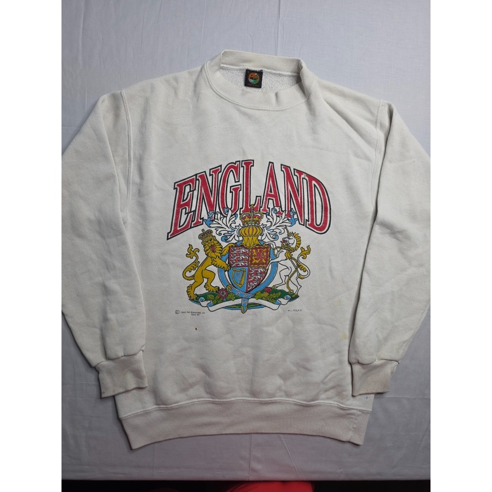 Vintage PM Sweatshirt Men's Large Ivory England Royal Crest Graphic Crew Neck